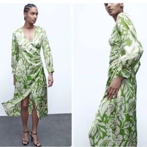 NEW Zara Green White Floral Long Sleeve V-Neck Front Slit Midi Dress Size M